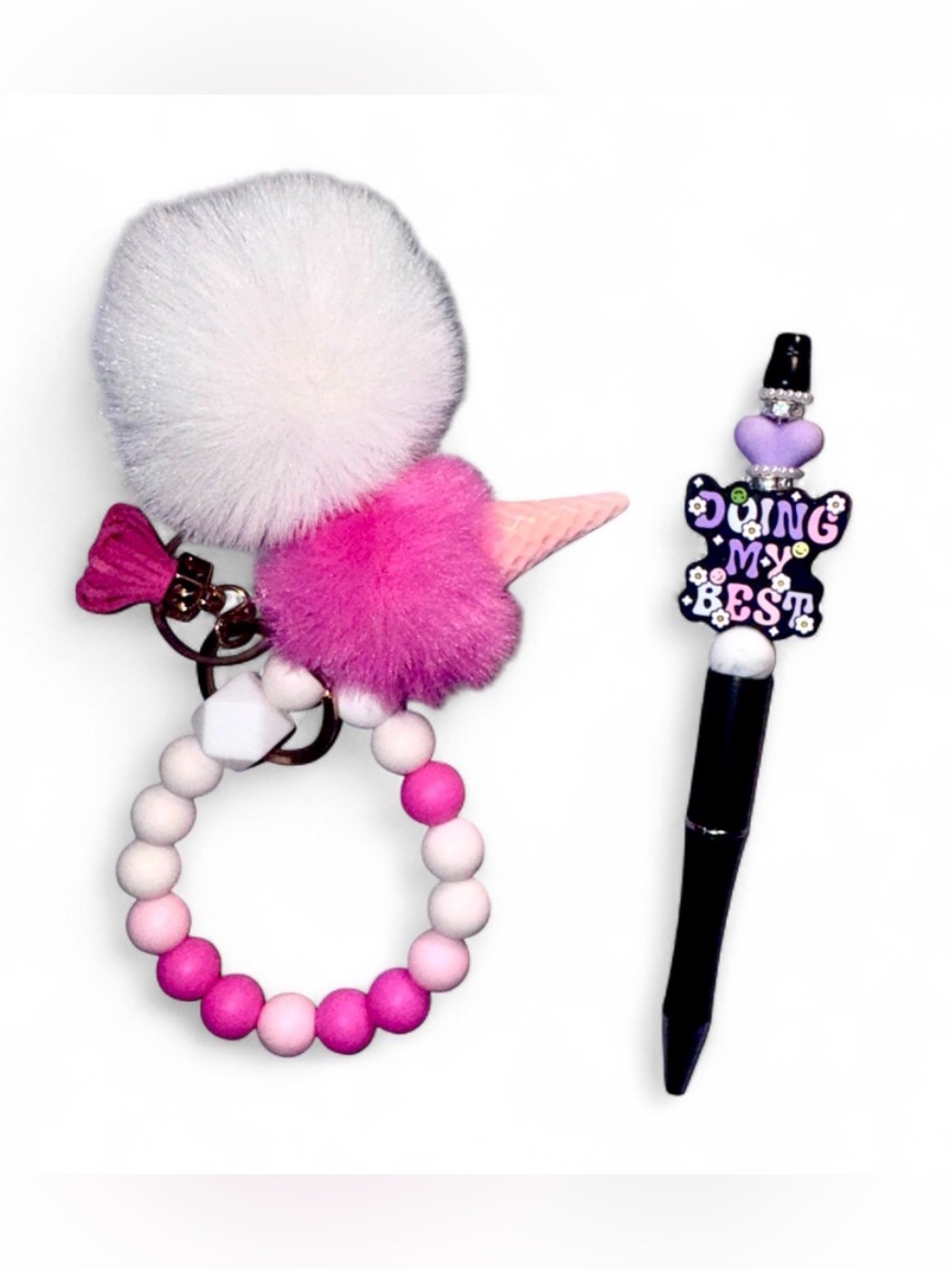 NWT Pink Beaded Womens Keychain + Doing My Best Pen & 1 Ink Refill